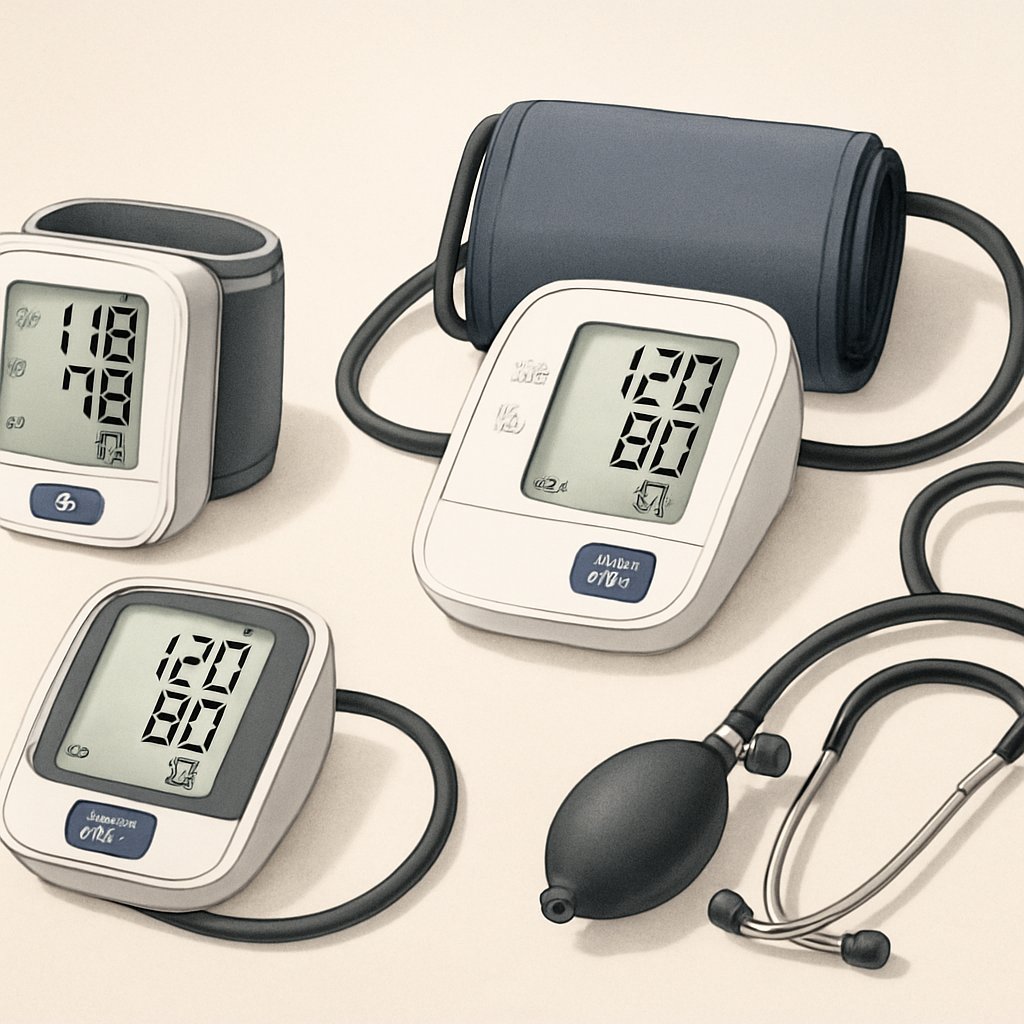 Three types of at-home blood pressure monitors including a digital wrist monitor, an upper arm cuff monitor with a digital screen, and a manual sphygmomanometer with a stethoscope arranged on a plain background.