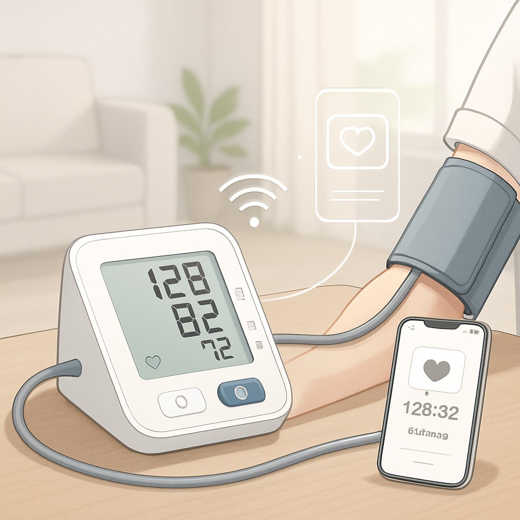 A blood pressure monitor on a table connected wirelessly to a smartphone showing health data, with a person’s arm resting nearby wearing the monitor cuff.