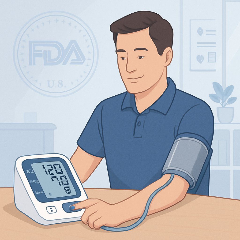 A person at home using a blood pressure monitor on their arm with a clear digital display, surrounded by subtle medical symbols indicating accuracy and reliability.