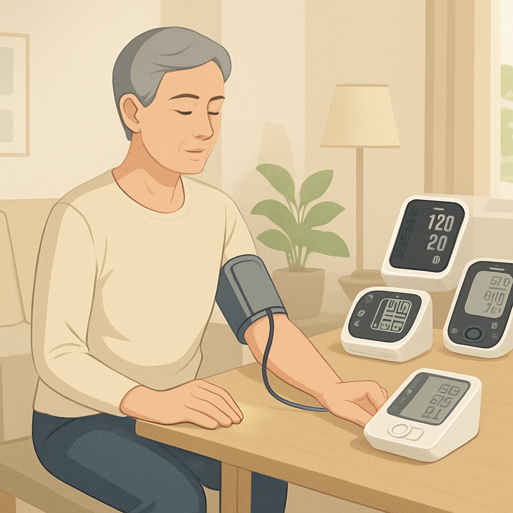A person sitting in a living room using a blood pressure monitor on their upper arm with the cuff properly placed and the digital monitor showing readings.