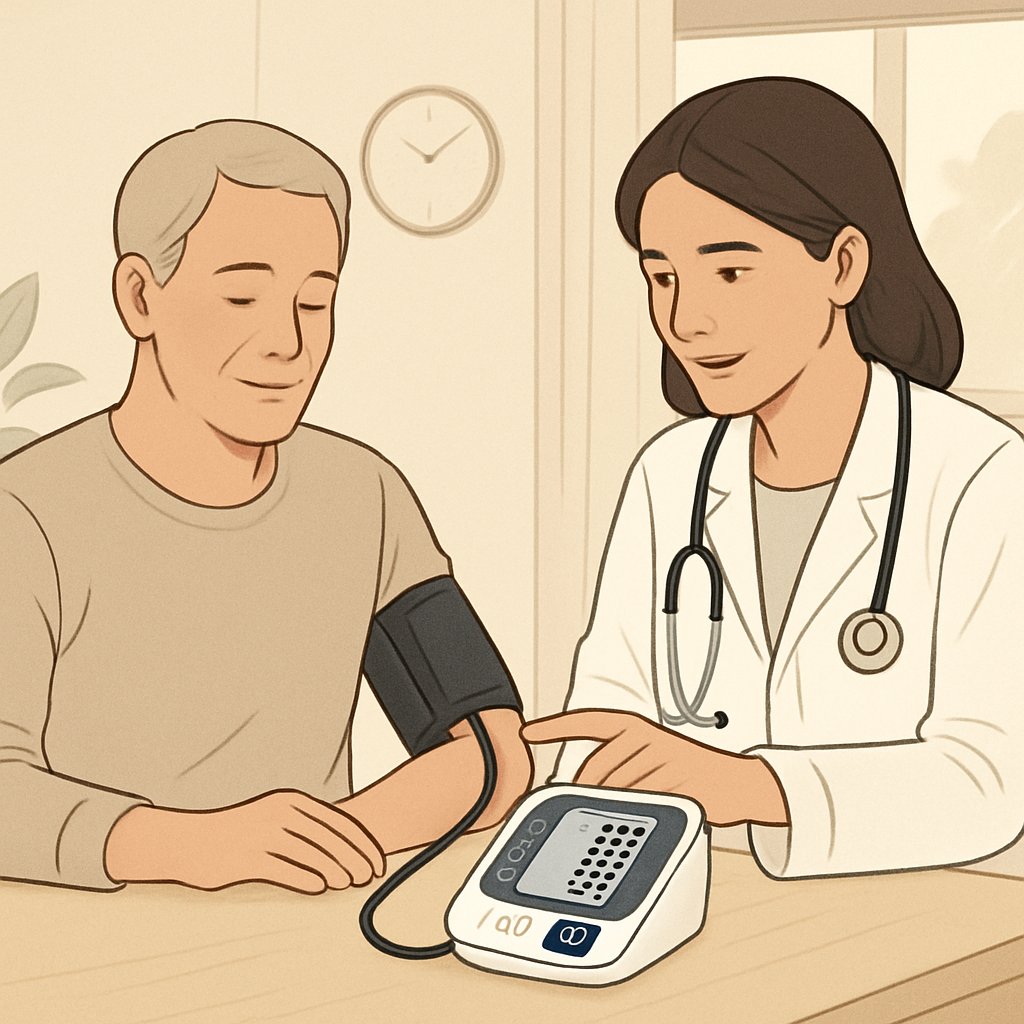 A person using a digital blood pressure monitor at home while a healthcare provider offers guidance in a calm and well-lit room.