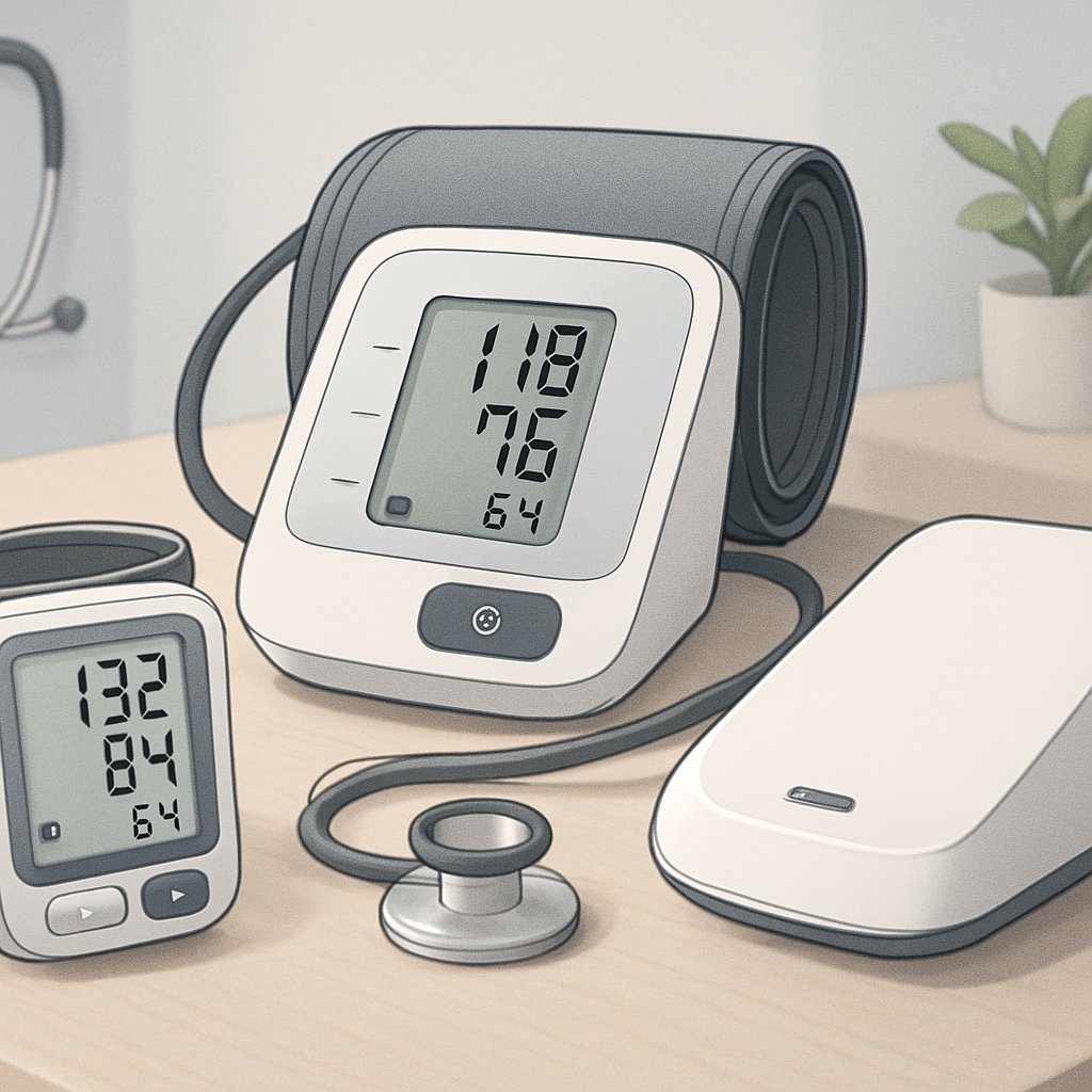A variety of blood pressure monitors displayed on a table in a home setting, including wrist and upper-arm devices, with a stethoscope and a small plant nearby.