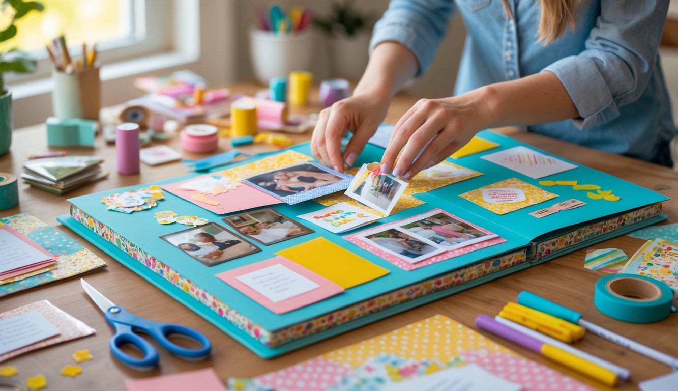 Hands working on a scrapbook with photos and craft supplies on a wooden table.