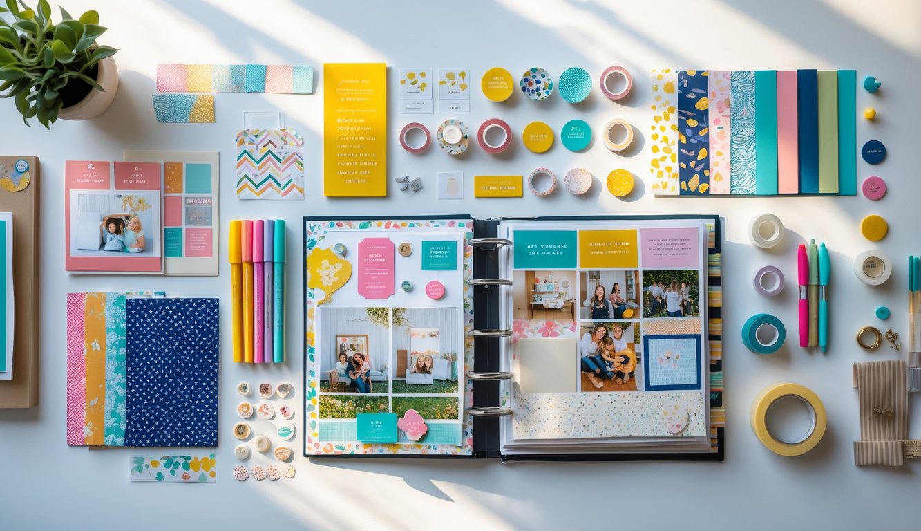 A flat lay of various scrapbook supplies including patterned papers, scissors, glue sticks, stickers, washi tapes, markers, and a partially completed scrapbook.