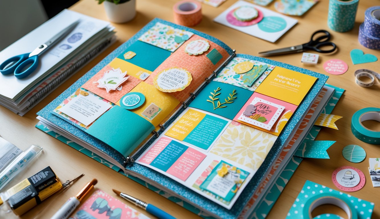An open scrapbook with colorful decorative pages surrounded by crafting tools on a wooden table.