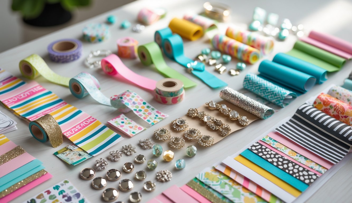 A collection of colorful scrapbook supplies including ribbons, washi tapes, stickers, gems, charms, buttons, and textured papers arranged on a wooden surface.