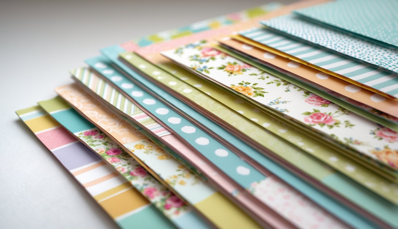 A close-up of colorful scrap book paper sheets with different patterns arranged neatly on a neutral background.