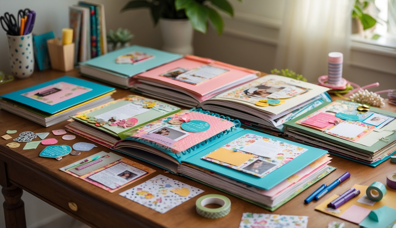 A collection of scrapbook books and crafting supplies arranged on a wooden table.