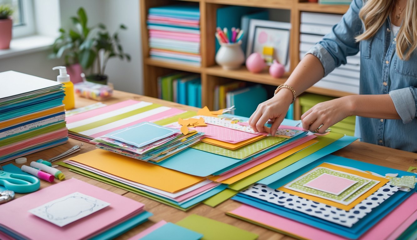 A crafting workspace with colorful scrapbook papers, tools, and hands arranging paper pieces on a wooden table.