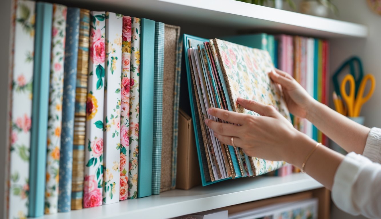 A person selecting a scrapbook book from a shelf filled with various colorful scrapbook albums in a craft room.