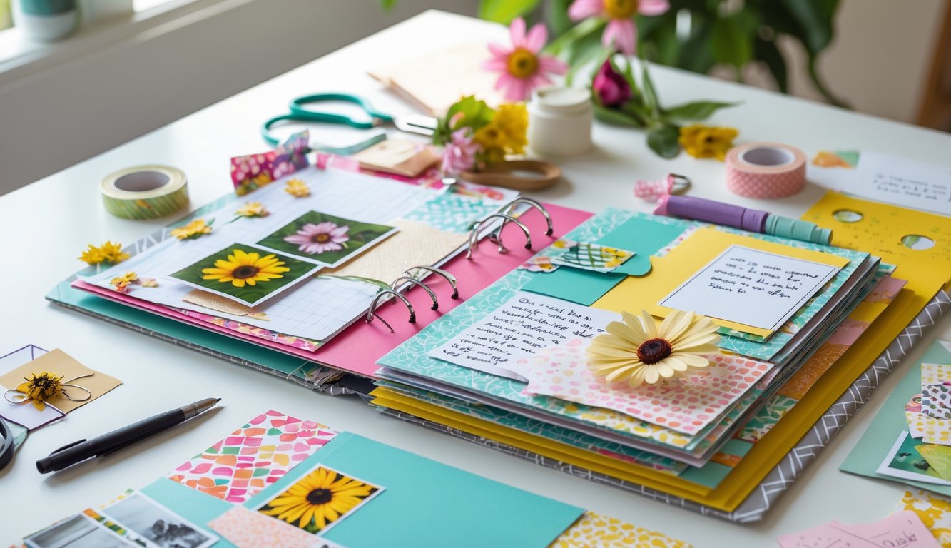 A scrapbook page in progress surrounded by crafting materials like scissors, glue, photos, and decorative paper on a wooden table.