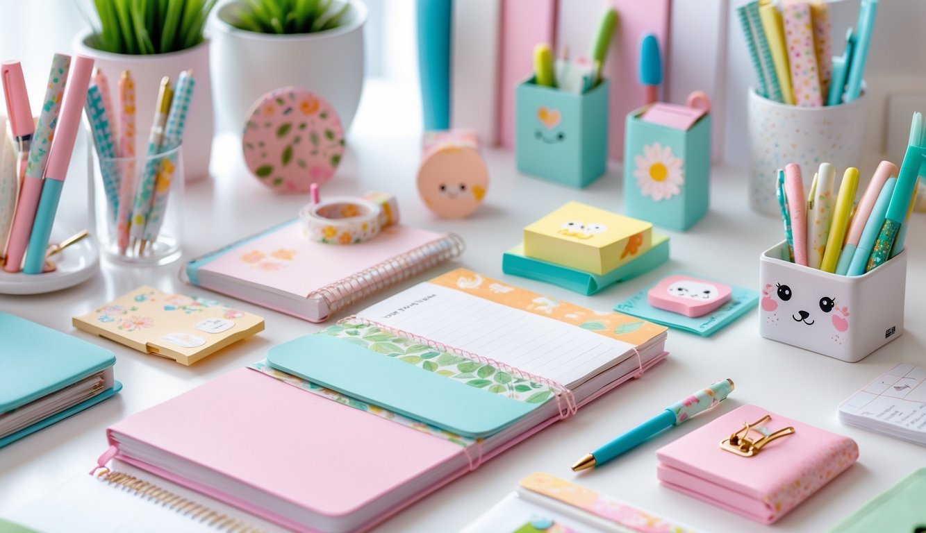 A collection of colorful and charming stationery items arranged on a white desk.