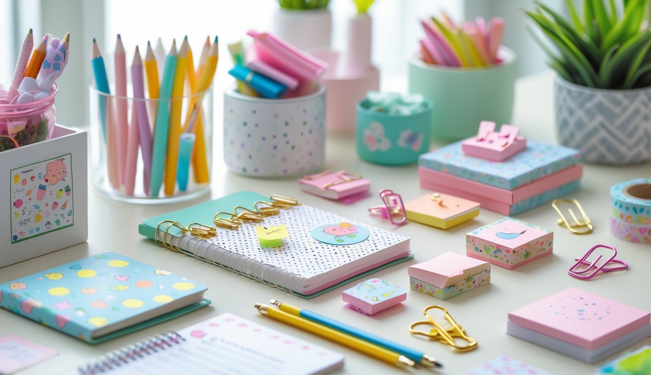 A collection of colorful and cute stationery items arranged on a desk, including pens, pencils, notebooks, sticky notes, paper clips, washi tapes, and stickers.