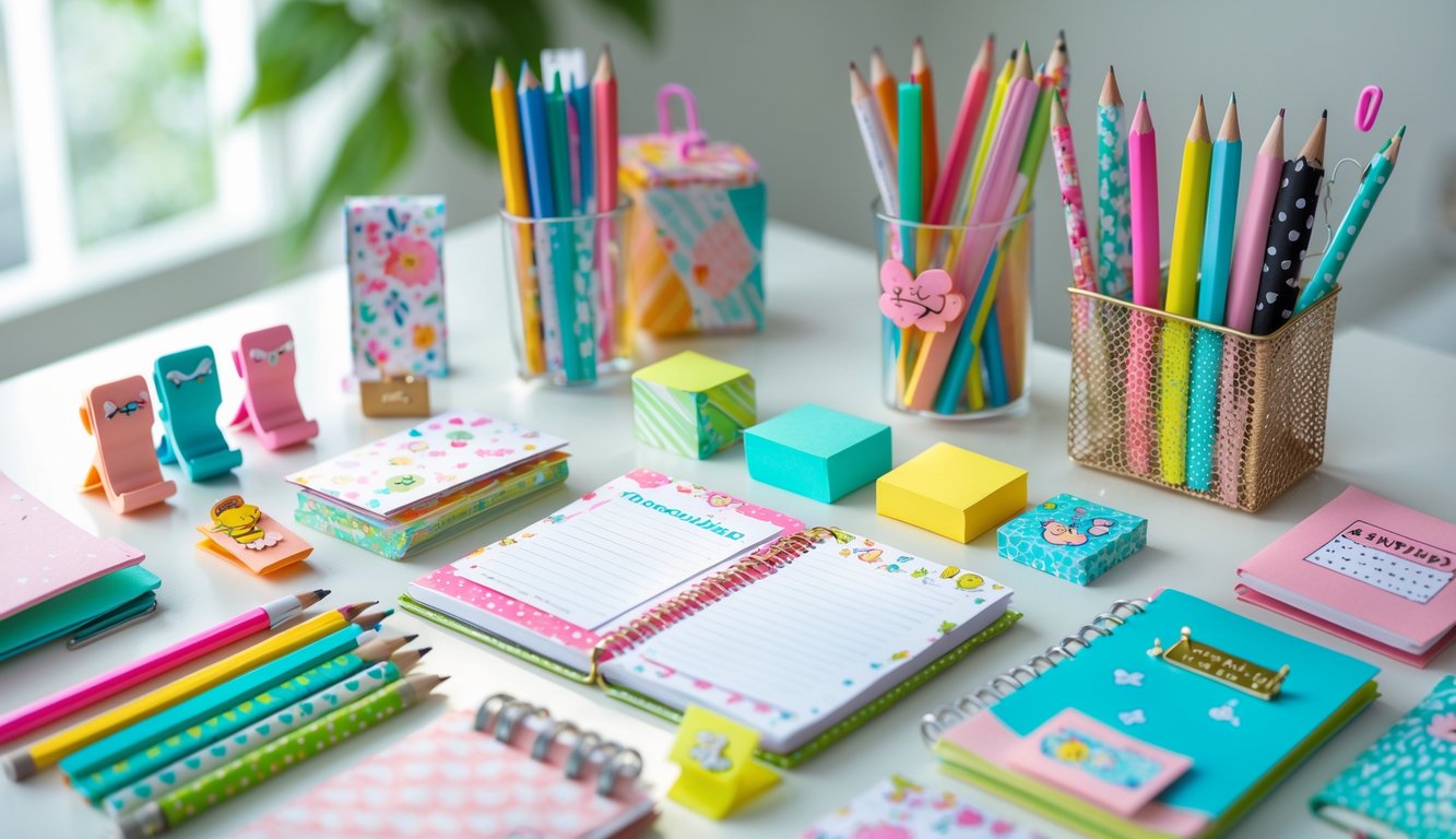 A neatly arranged collection of colorful and cute stationery items on a desk, including pens, notebooks, sticky notes, and decorative clips.