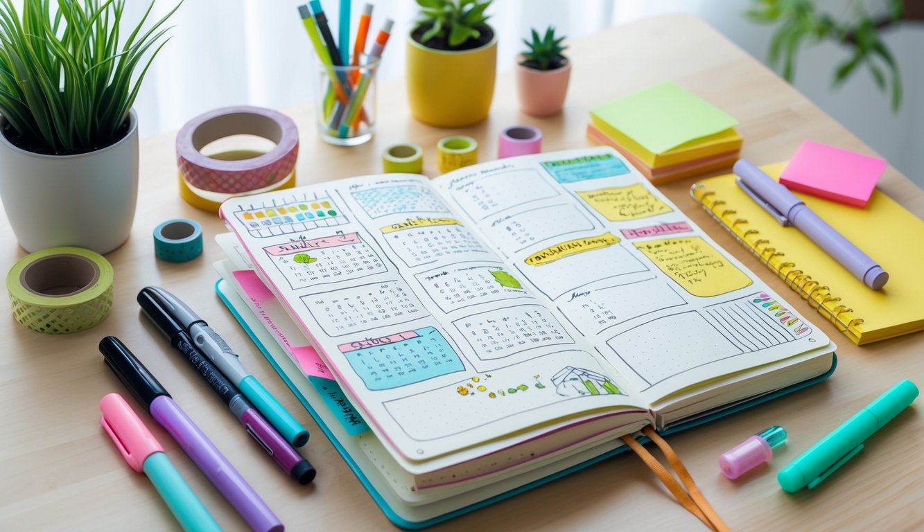 An open bullet journal with hand-drawn layouts on a wooden desk surrounded by pens, markers, washi tapes, sticky notes, and a small plant.