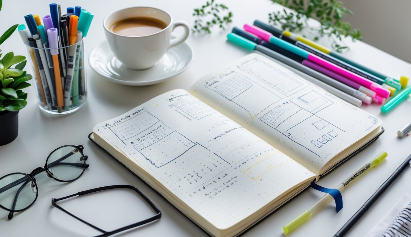 A workspace with an open bullet journal, colorful pens, a cup of coffee, and glasses on a clean table.