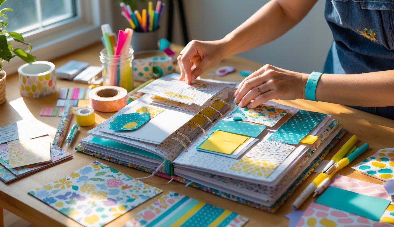 Hands arranging photos and decorative items in an open scrapbook journal on a wooden table with scrapbooking supplies around.