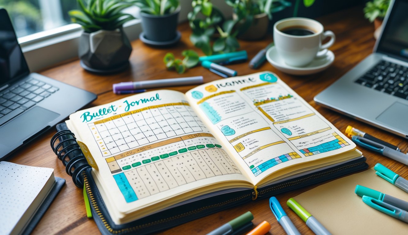 An open bullet journal on a wooden desk surrounded by colorful markers, pens, a cup of coffee, a laptop, and green plants.