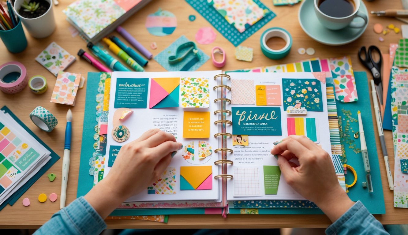A workspace with an open scrapbook journal surrounded by craft supplies and hands adding decorations to the pages.