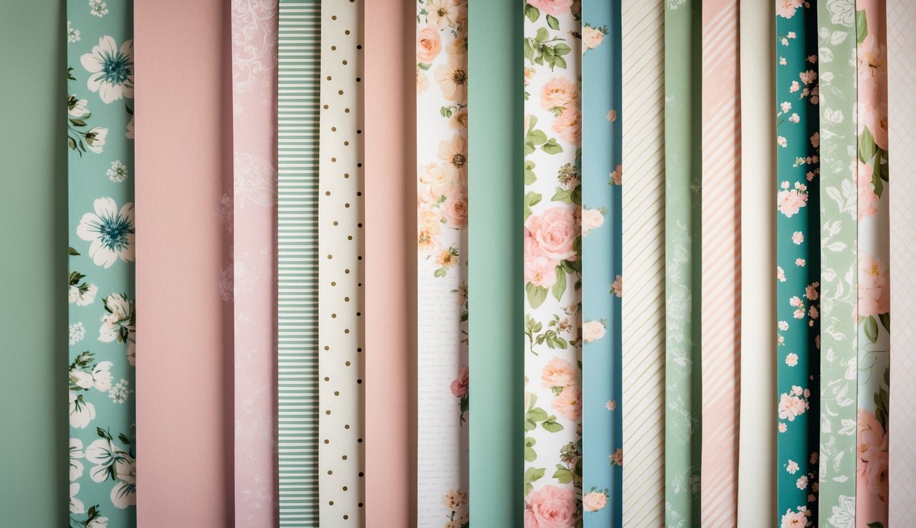 A background composed of various patterned and textured scrapbook papers arranged neatly.