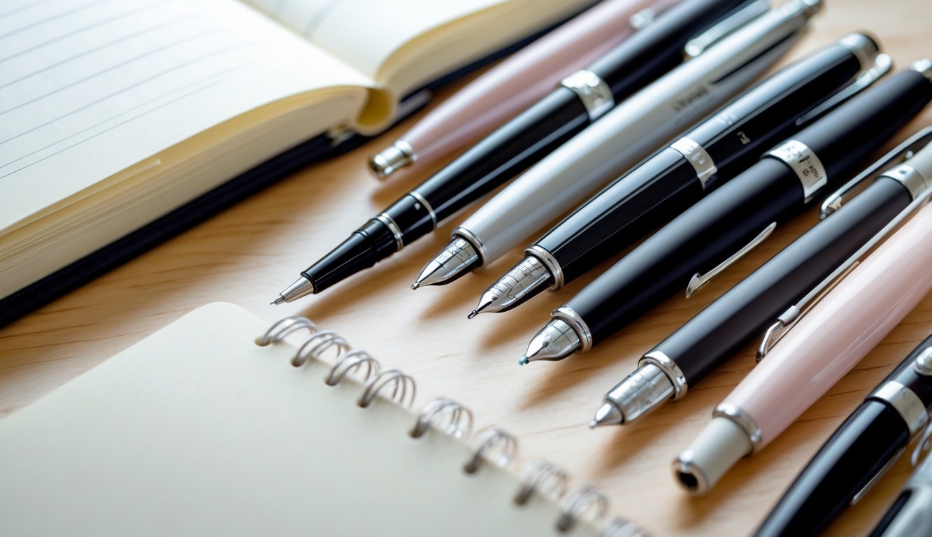 A variety of journaling pens arranged on a wooden desk next to an open blank journal.