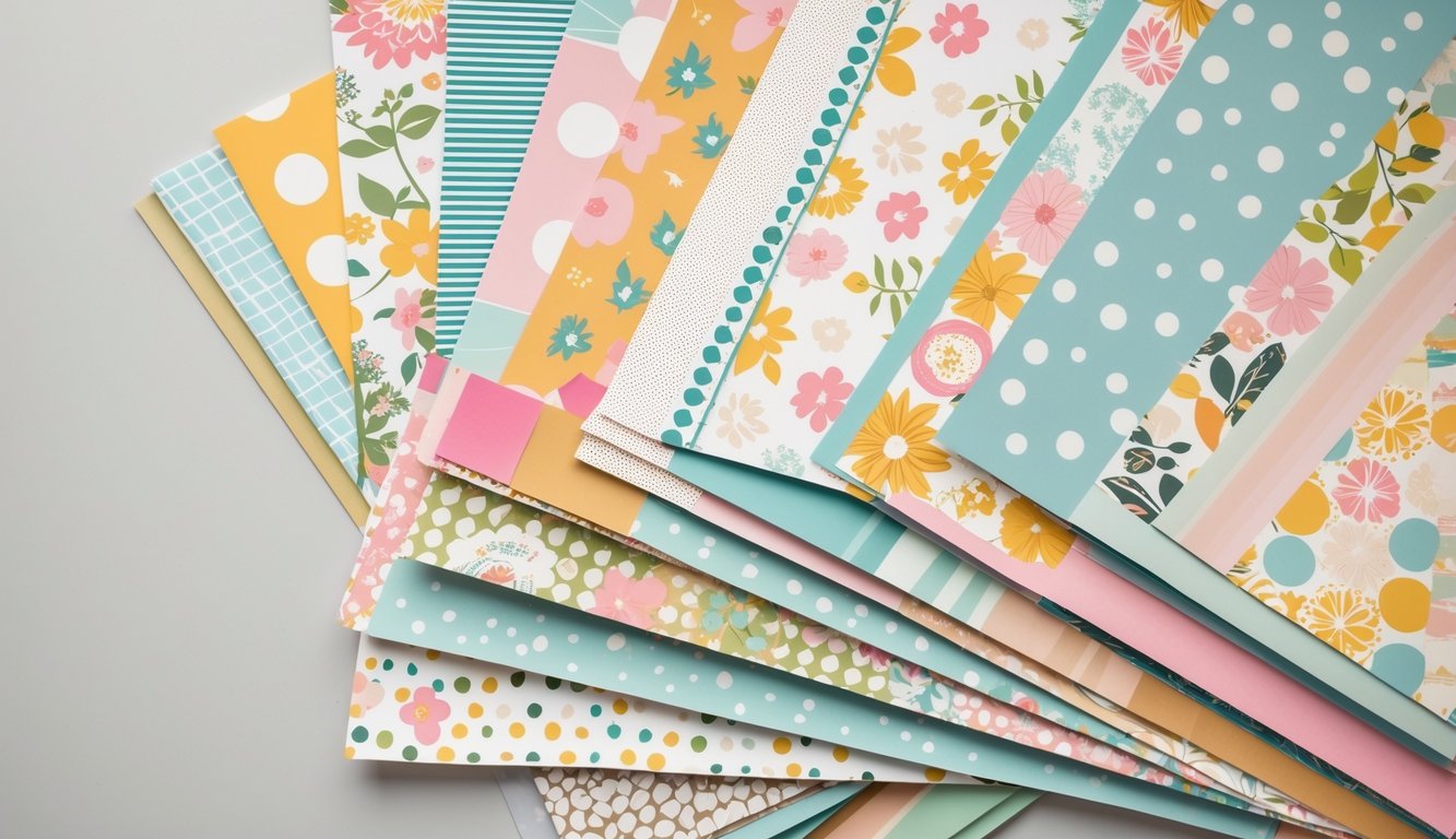 A flat lay of various patterned scrapbook papers arranged on a neutral surface.