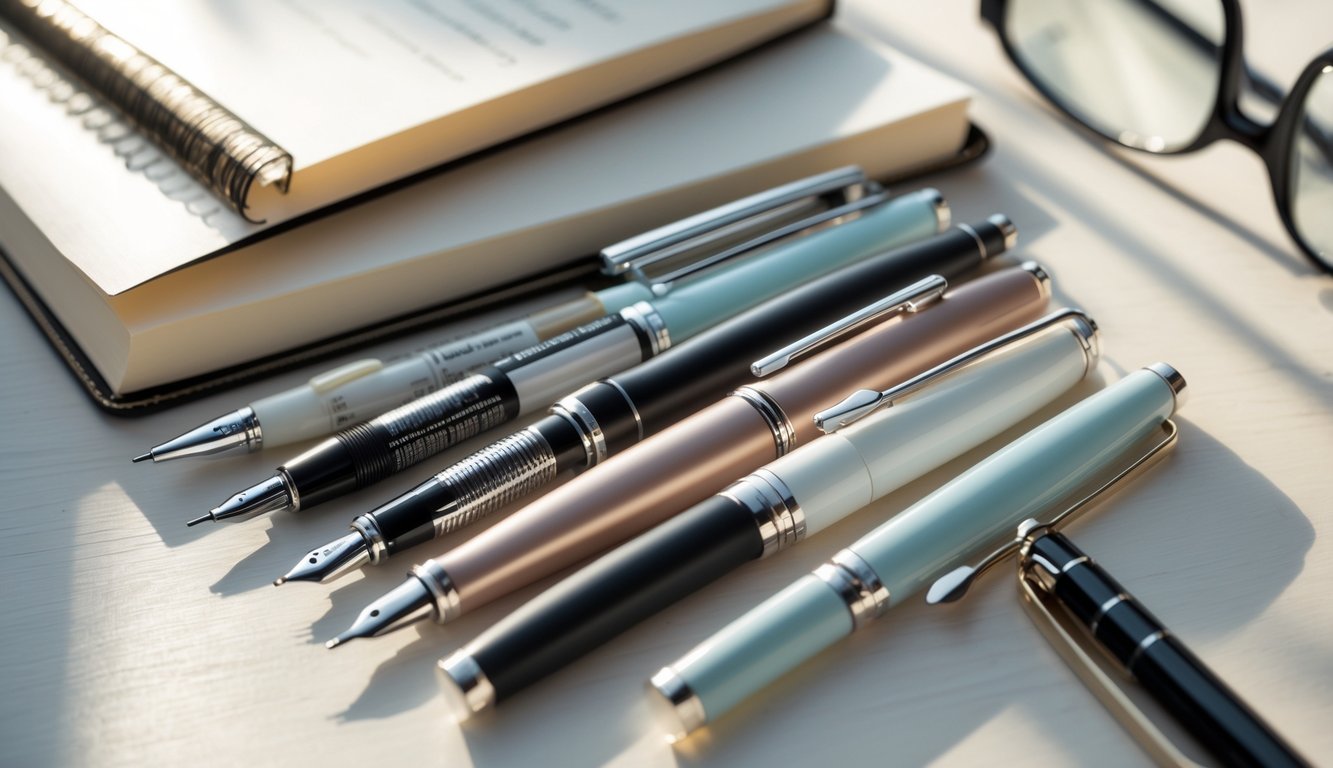 Close-up of various journaling pens arranged on a wooden desk next to an open journal and reading glasses.