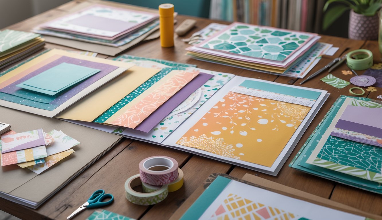 A workspace with colorful scrapbook papers, scissors, glue sticks, washi tapes, and crafting tools arranged on a wooden table.
