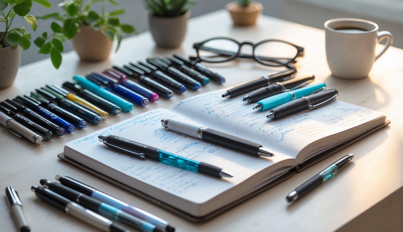 A variety of pens arranged around an open journal with handwritten notes on a wooden desk, accompanied by reading glasses, a small plant, and a cup of coffee.