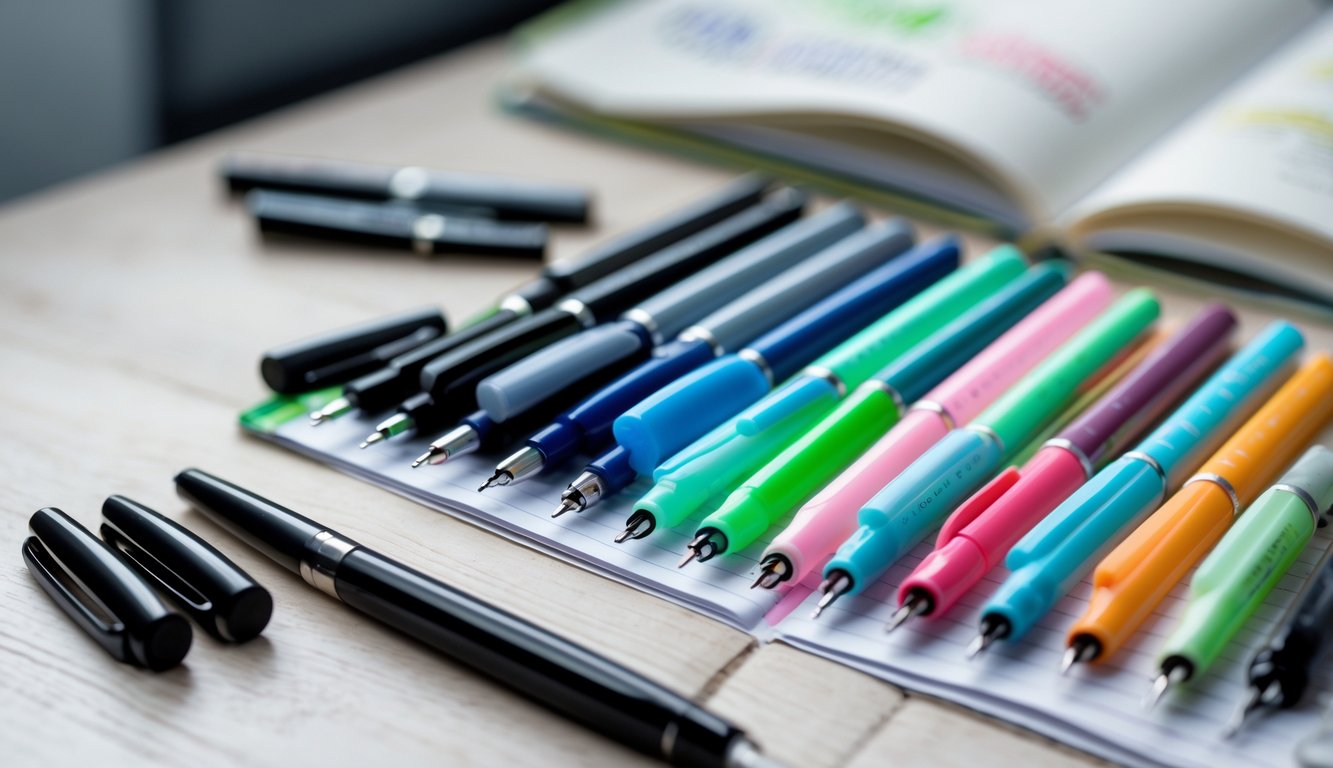 A set of colorful pens arranged on a wooden desk next to an open bullet journal with faint grid lines.