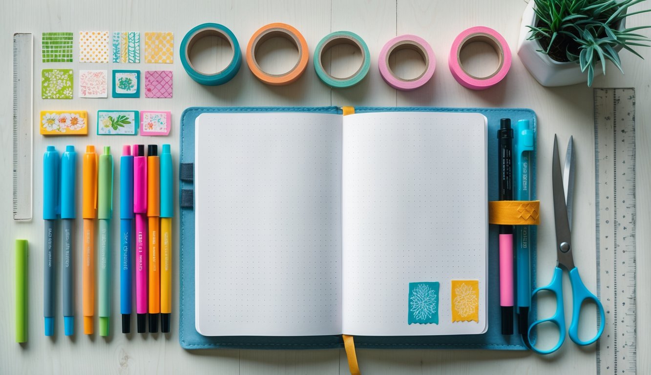 A flat lay of bullet journal supplies including an open journal, colorful pens, markers, washi tapes, stickers, a ruler, scissors, and stamps on a wooden surface.