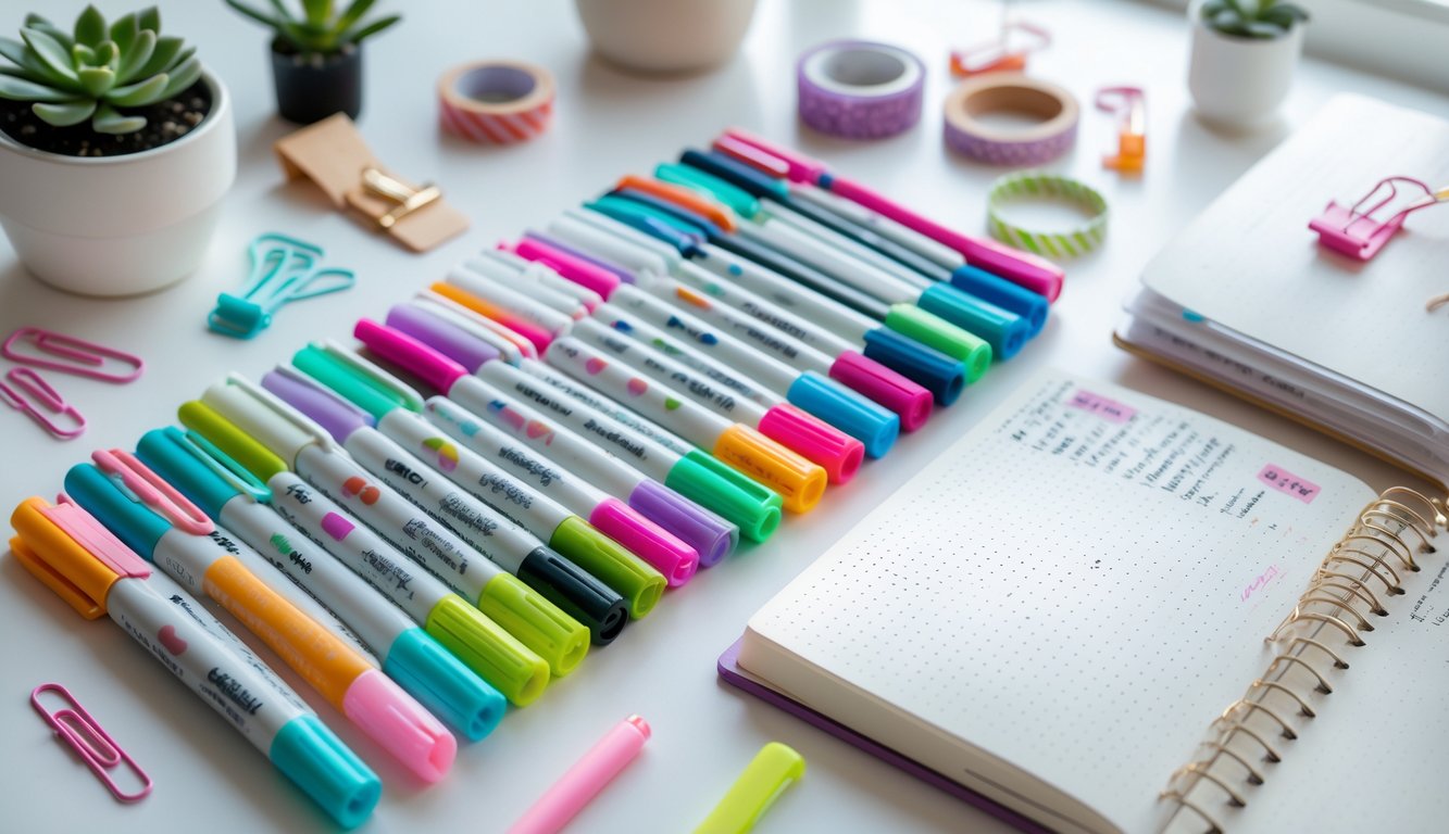 A collection of colorful markers arranged next to an open bullet journal on a white desk with stationery and a small plant.