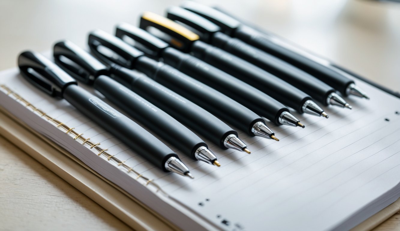 A set of journaling pens next to an open journal with neat handwriting and no ink bleeding on a wooden desk.