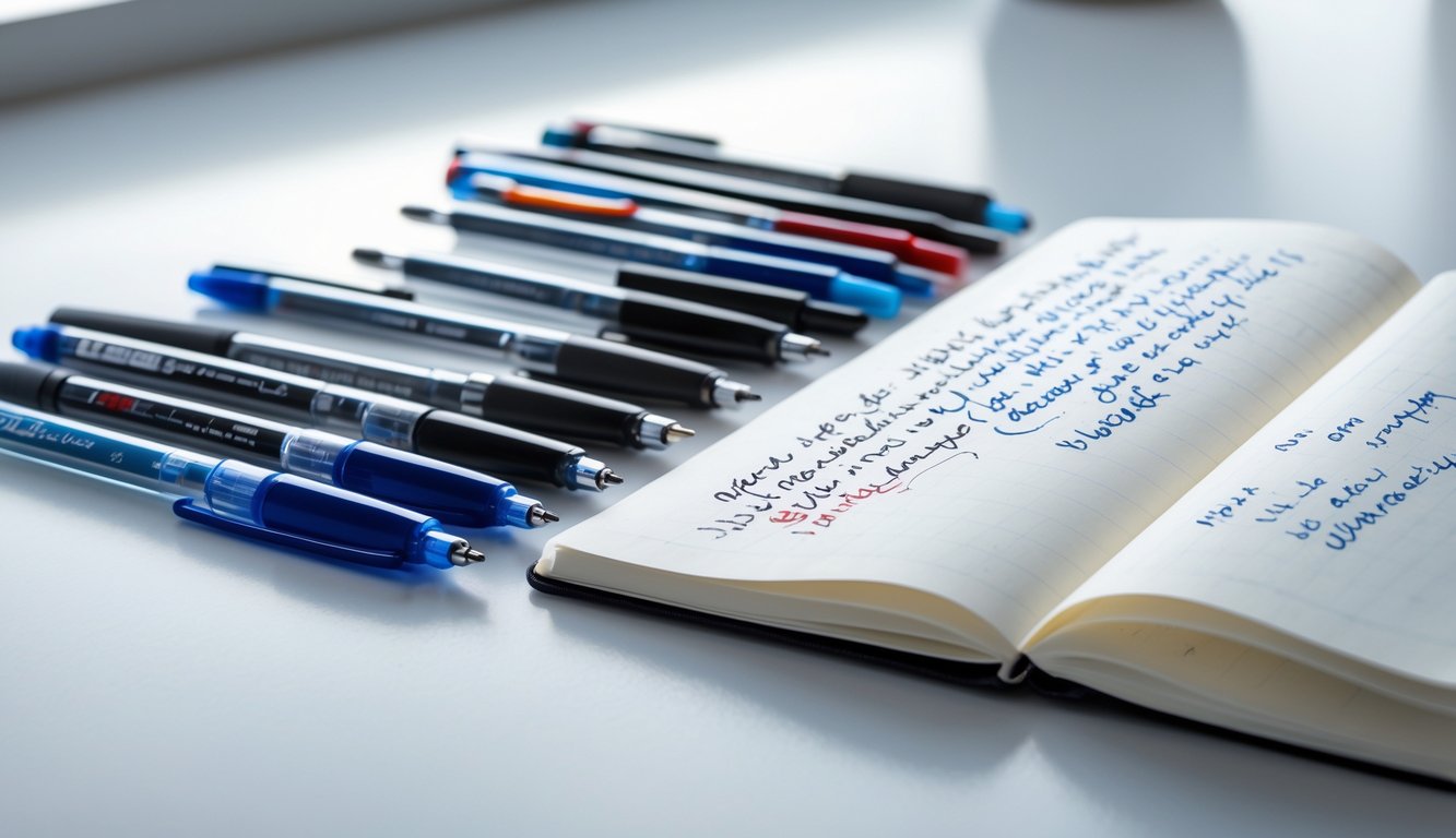Close-up of journaling pens next to an open notebook with clean, neat handwriting and no ink bleeding.