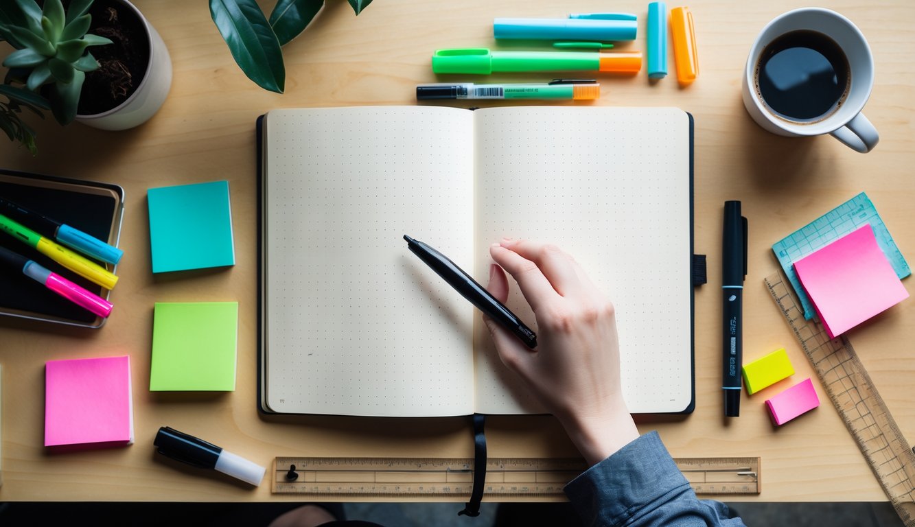 A workspace with an open blank bullet journal, pens, markers, sticky notes, and a cup of coffee on a wooden desk.