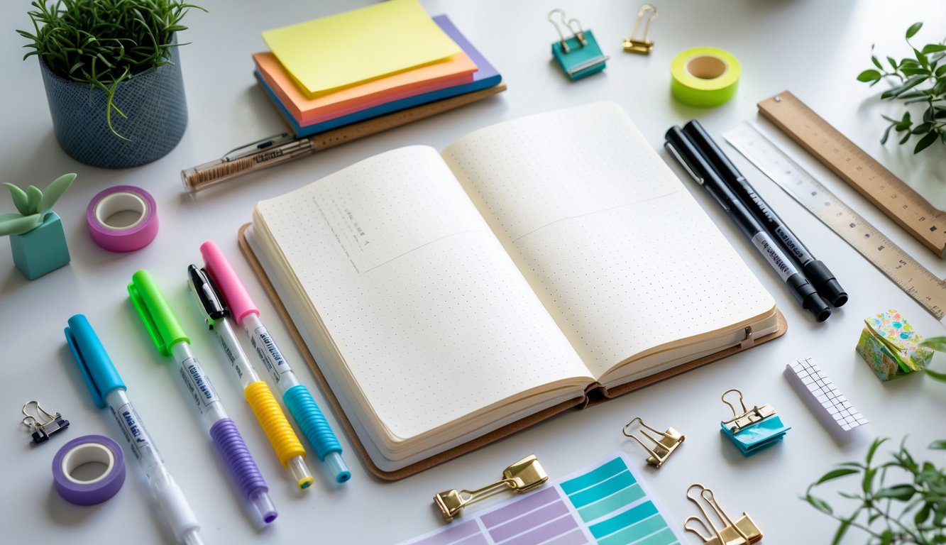 A workspace with an open bullet journal surrounded by pens, markers, ruler, sticky notes, washi tapes, and stickers.