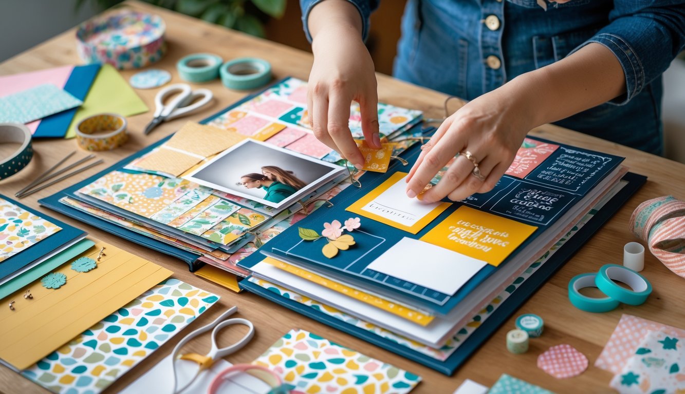 Hands arranging photos and decorations in a scrapbook on a table filled with scrapbooking supplies.