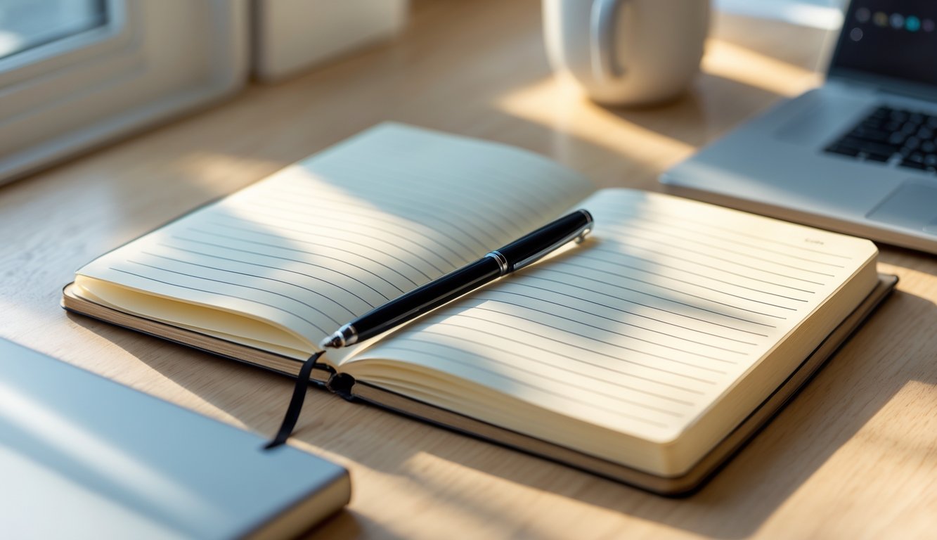 An open journal notebook with cream-colored pages and a black pen resting on a wooden desk.