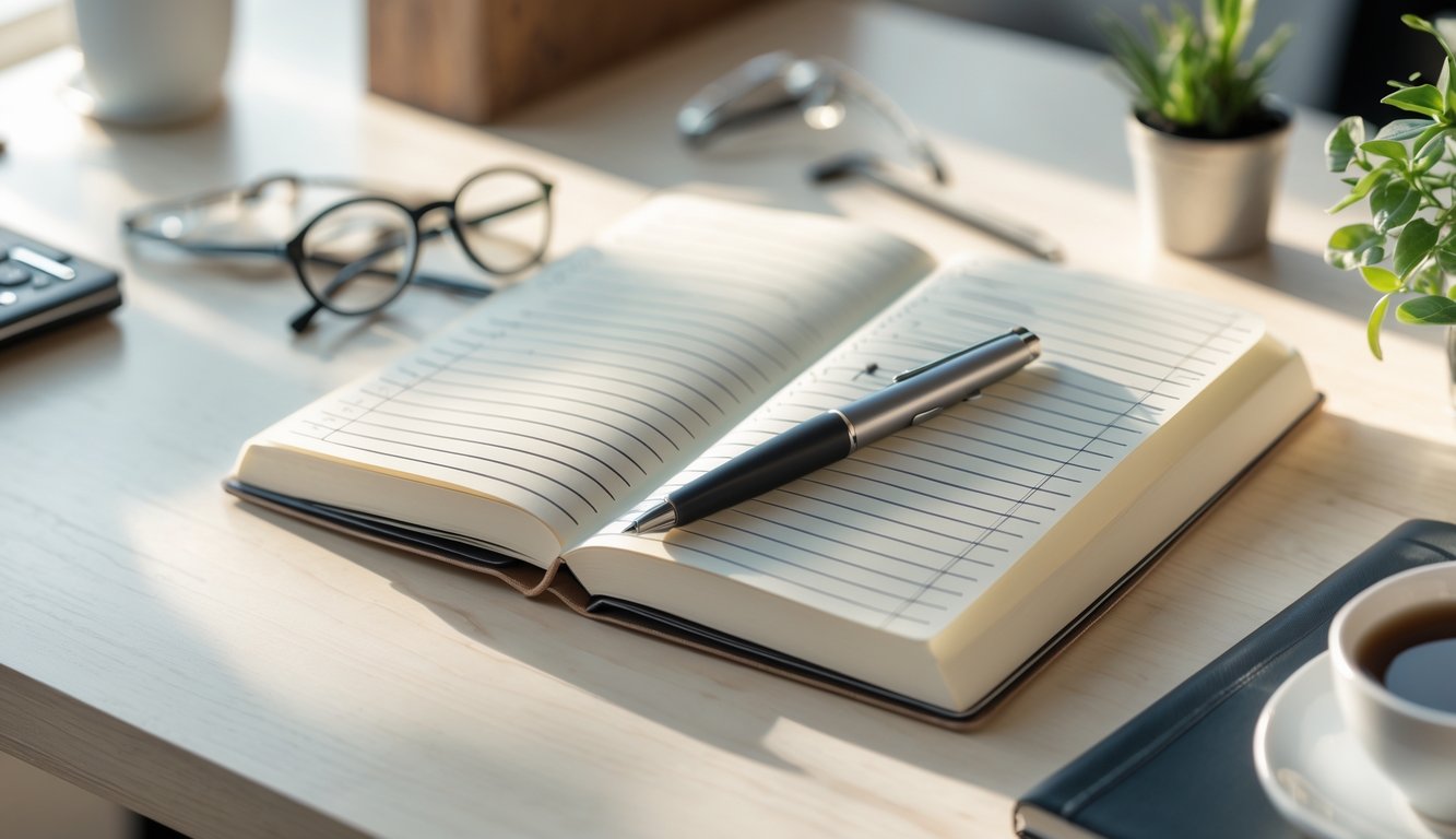An open journal notebook with handwritten notes and a pen on a wooden desk, accompanied by eyeglasses, a coffee cup, and a small plant.