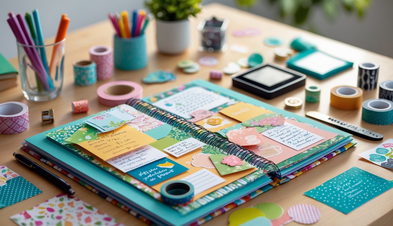 A scrapbook set with an open scrapbook, decorative papers, stickers, scissors, glue, and pens arranged on a wooden table.