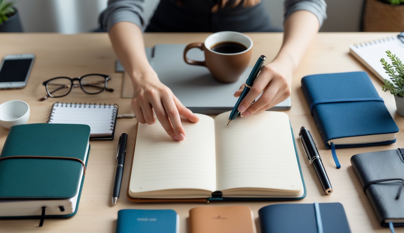 Hands examining different journal notebooks on a wooden desk with coffee, glasses, and a small plant nearby.