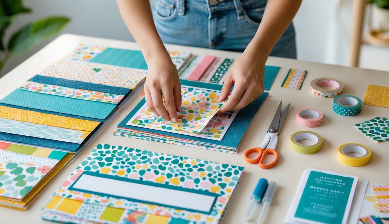Hands selecting patterned paper from a neatly arranged scrapbook set on a wooden table with various craft supplies.