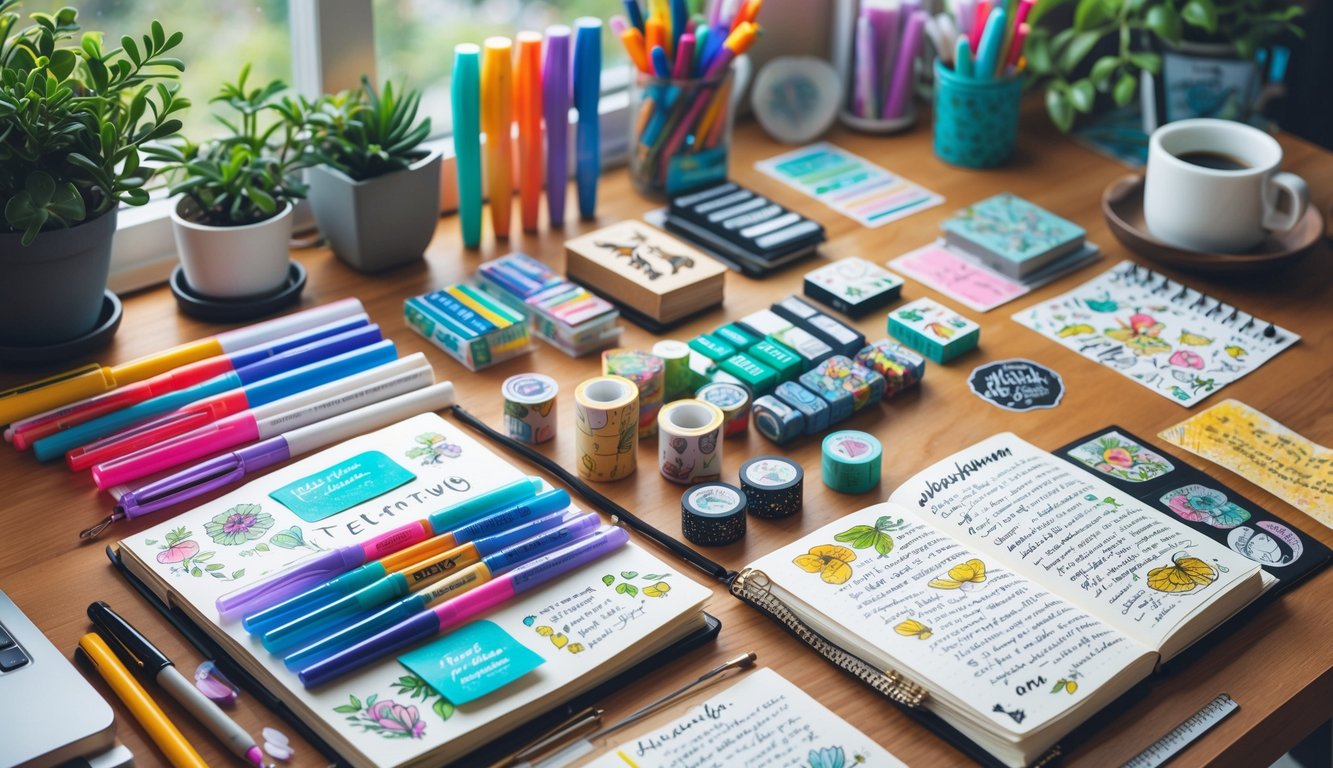 A workspace with journaling supplies including markers, pens, washi tapes, stickers, stamps, and an open journal on a wooden desk.