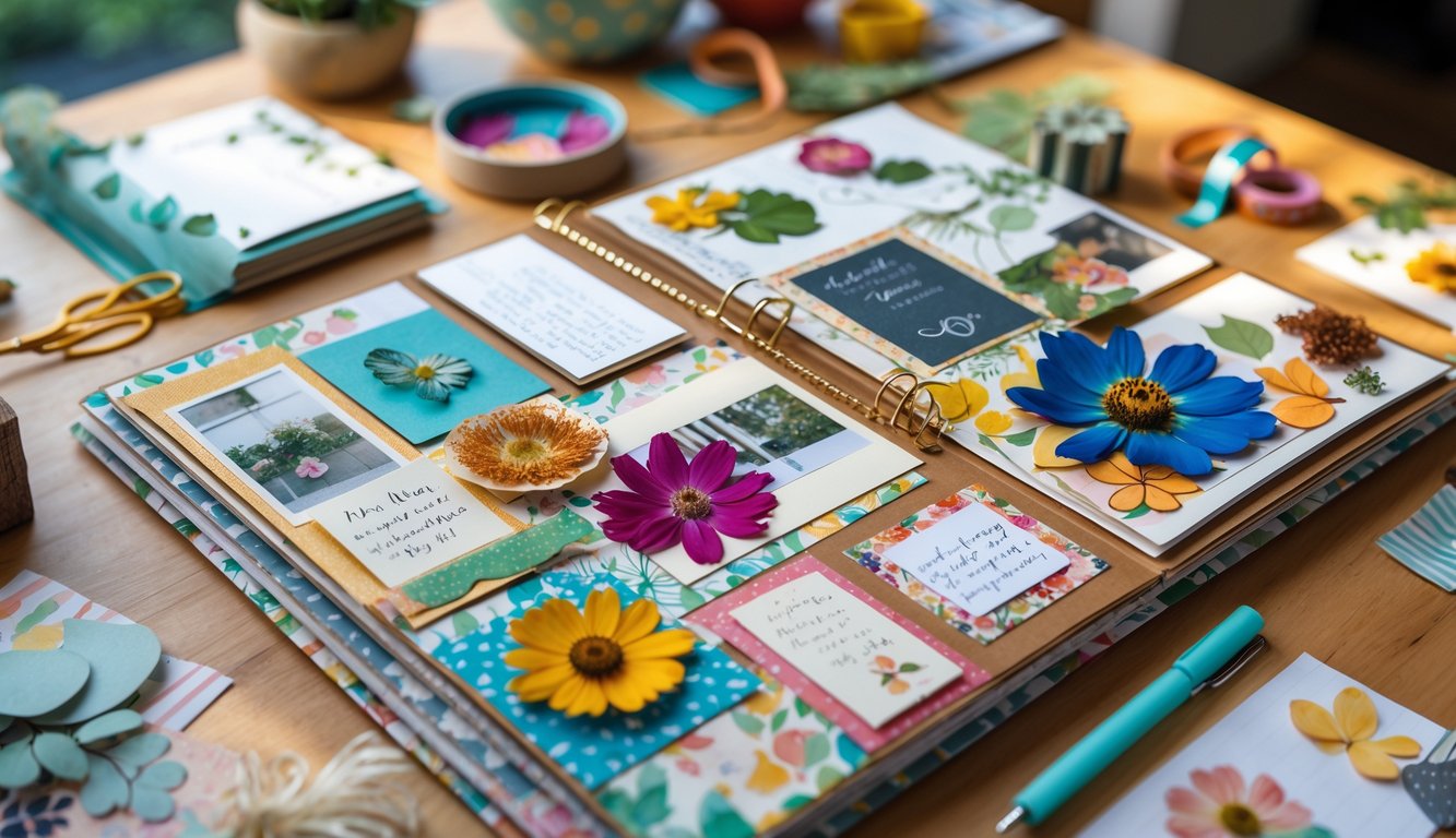 A close-up of scrapbook pages with photos, pressed flowers, decorative elements, and crafting supplies on a wooden table.