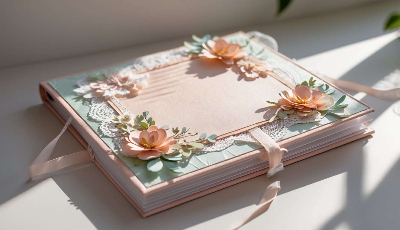 A close-up of a decorative scrapbook cover with floral patterns and embellishments on a neutral surface.