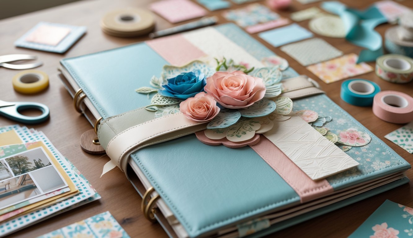 A close-up of a scrapbook cover surrounded by scrapbooking materials on a wooden table.