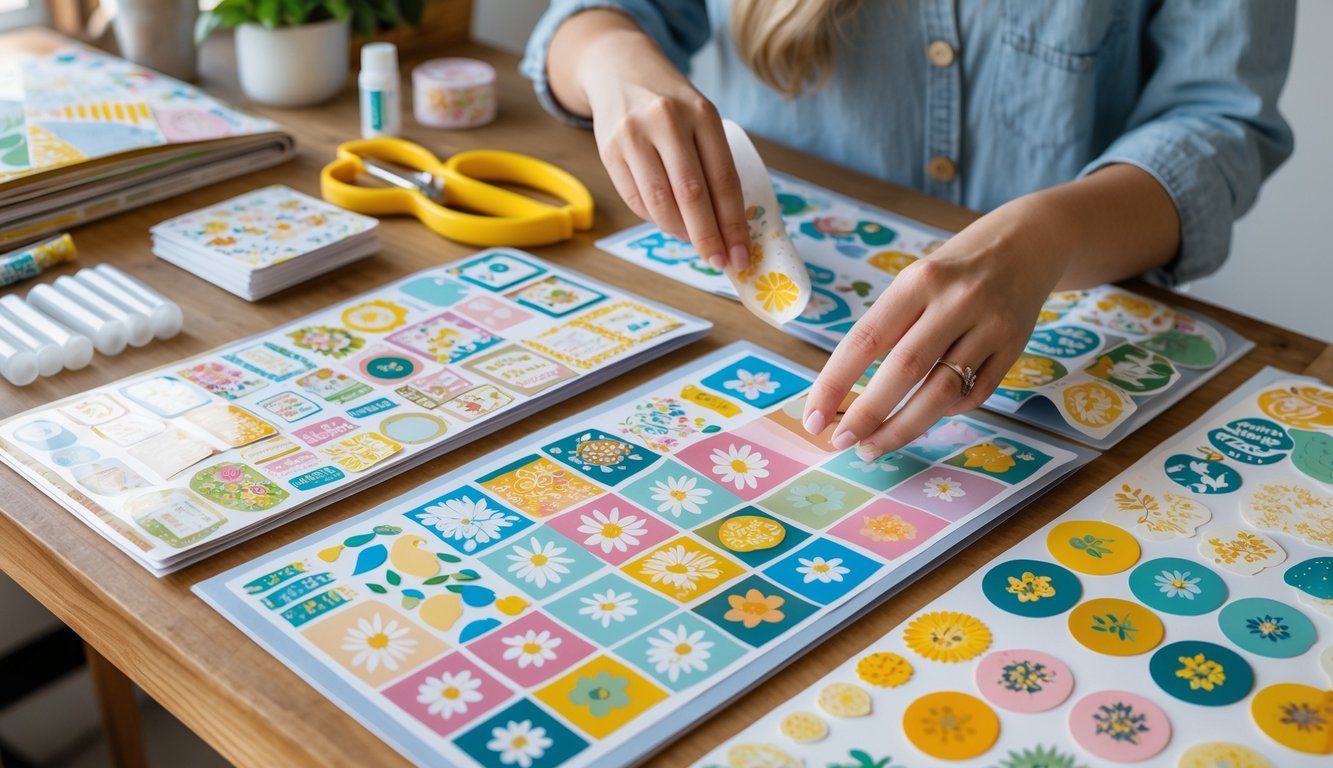 Hands selecting colorful scrapbook stickers on a wooden table with crafting supplies and a partially completed scrapbook nearby.
