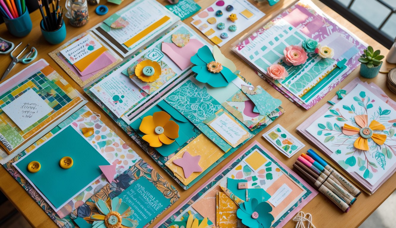 A table covered with colorful scrapbook pages and various crafting supplies arranged around them.