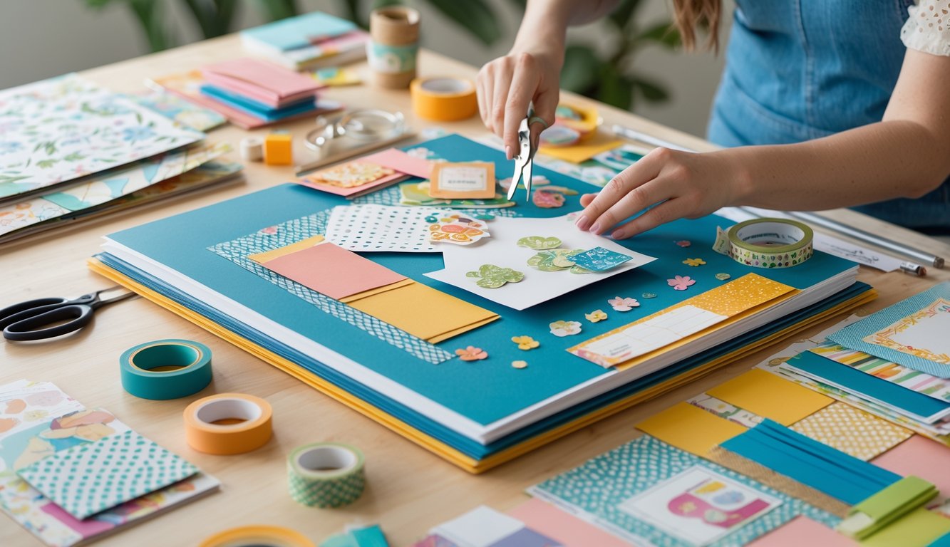 A person working on a scrapbook cover at a desk with scrapbooking materials like scissors, glue, and decorative papers.