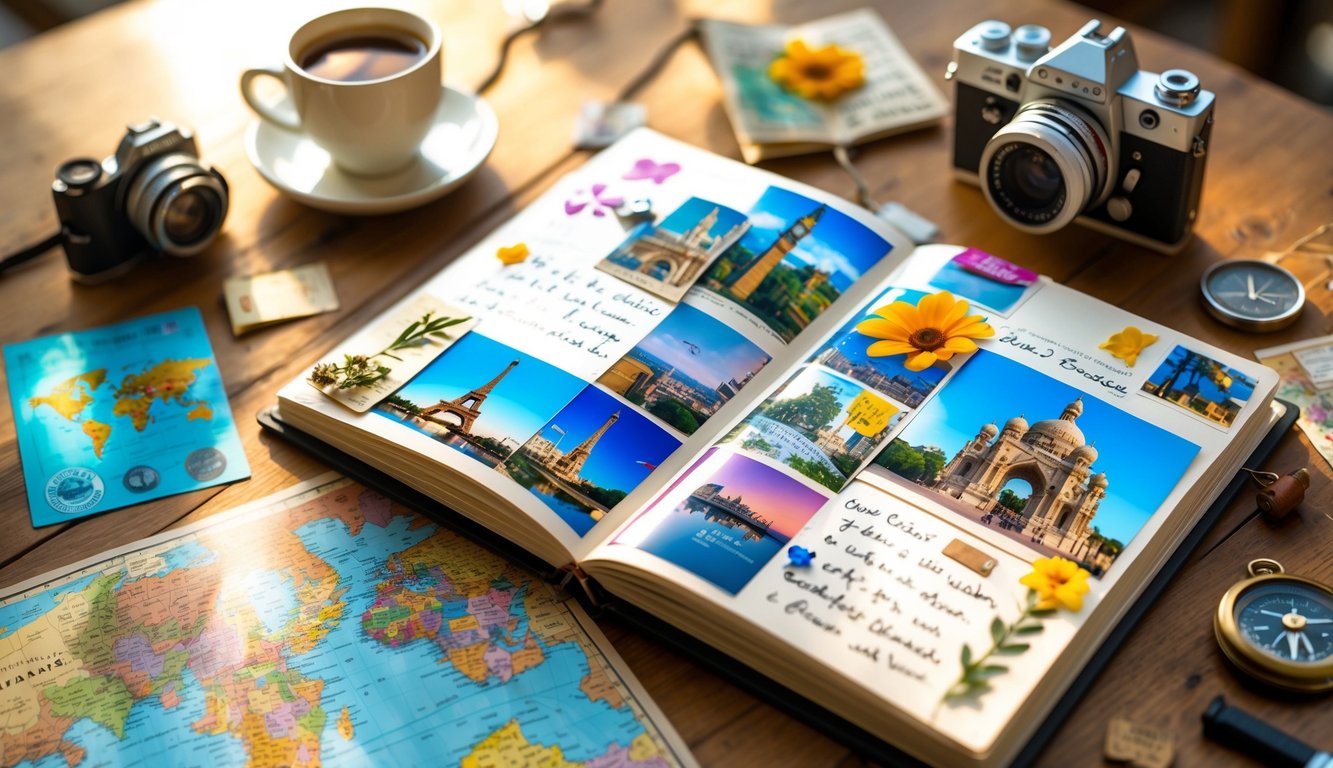 An open travel scrapbook on a wooden table with photos, postcards, handwritten notes, and small souvenirs, surrounded by a camera, map, compass, and a cup of coffee.